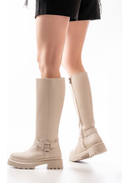 Infon Ayakkabı Marketi 236-3021 Bej Fermuarlı Günlük Kadın Çizme