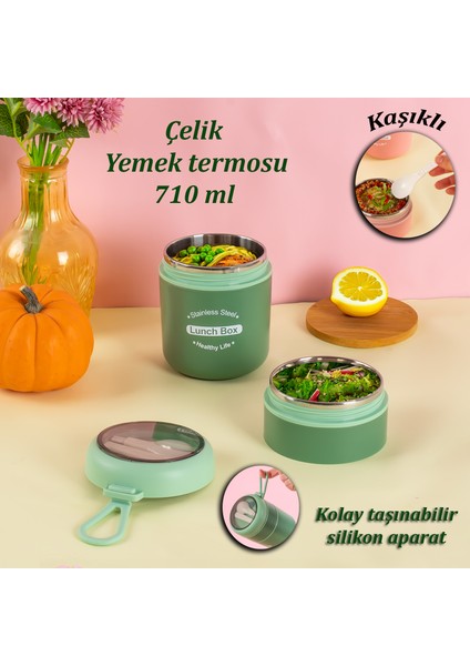 66720 Yemek Termosu Çelik Yemek Termosu Lunch Box Taşınabilir Yemek Kabı Termos 710ML - Yeşil