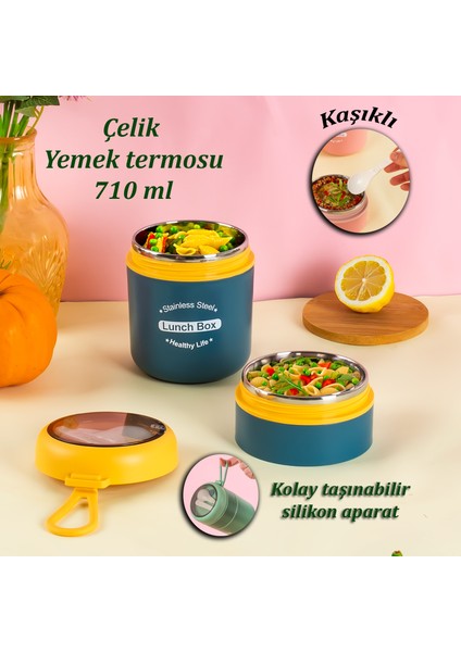 66720 Yemek Termosu Çelik Yemek Termosu Lunch Box Taşınabilir Yemek Kabı Termos 710ML - Sarı