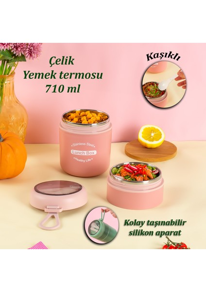 66720 Yemek Termosu Çelik Yemek Termosu Lunch Box Taşınabilir Yemek Kabı Termos 710ML -Pembe