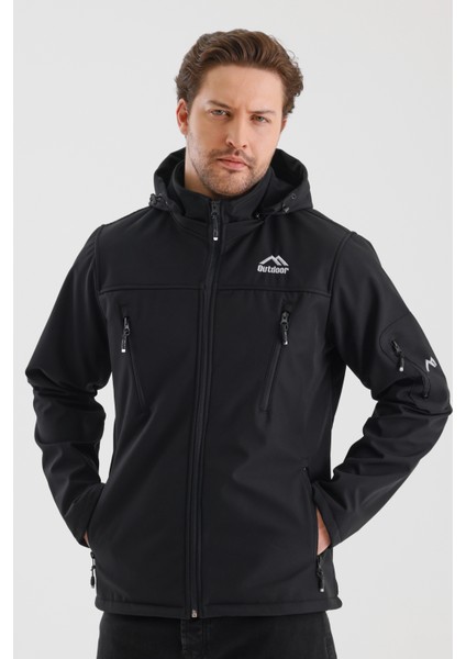 Çıkartılabilen Fermuarlı Kapüşon Içi Polarlı Su Geçirmez Softshell Erkek Mont Siyah