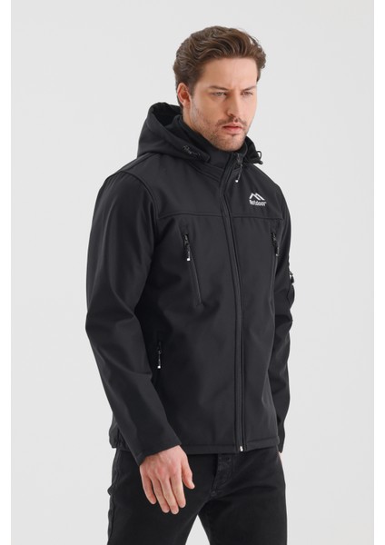 Çıkartılabilen Fermuarlı Kapüşon Içi Polarlı Su Geçirmez Softshell Erkek Mont Siyah