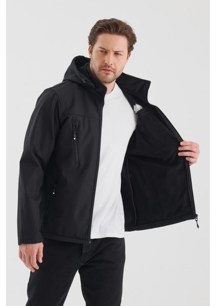 Çıkartılabilen Fermuarlı Kapüşon Içi Polarlı Su Geçirmez Softshell Erkek Mont Siyah