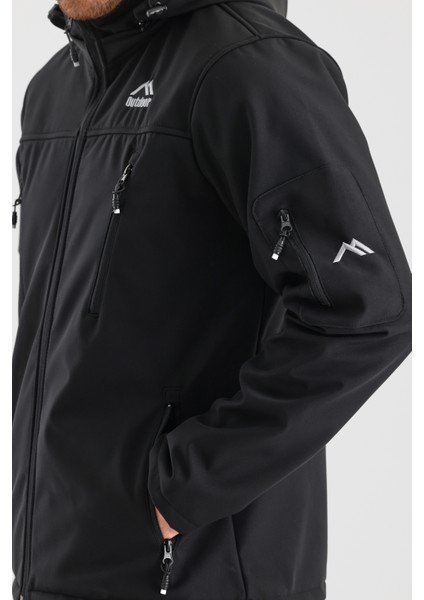 Çıkartılabilen Fermuarlı Kapüşon Içi Polarlı Su Geçirmez Softshell Erkek Mont Siyah