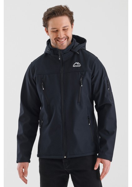 Çıkartılabilen Fermuarlı Kapüşon Içi Polarlı Su Geçirmez Softshell Erkek Mont Lacivert