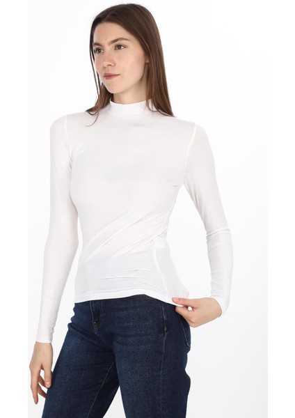 Kadın Modal Dik Yaka Slim Fit Tişört-Beyaz fiyatları