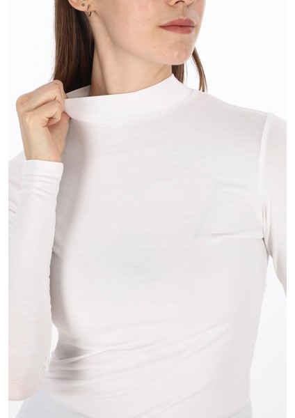 Kadın Modal Dik Yaka Slim Fit Tişört-Beyaz modelleri