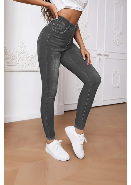 Kadın Hafif Likralı Skinny Fit Paça Detaylı Pantalon Afrodit Antrasit modelleri