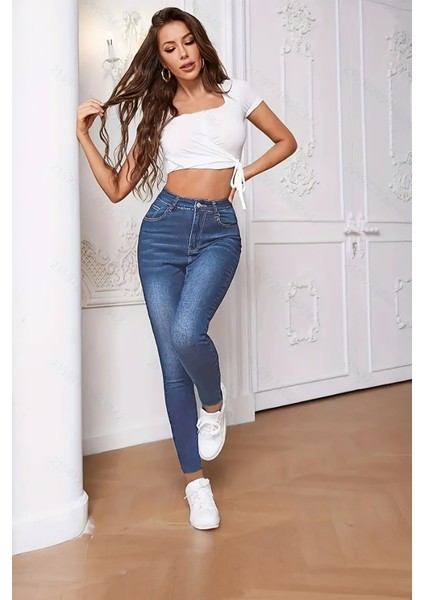 Kadın Hafif Likralı Skinny Fit Paça Detaylı Pantalon Mariella Mavi