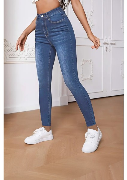 Kadın Hafif Likralı Skinny Fit Paça Detaylı Pantalon Mariella Mavi fiyatları