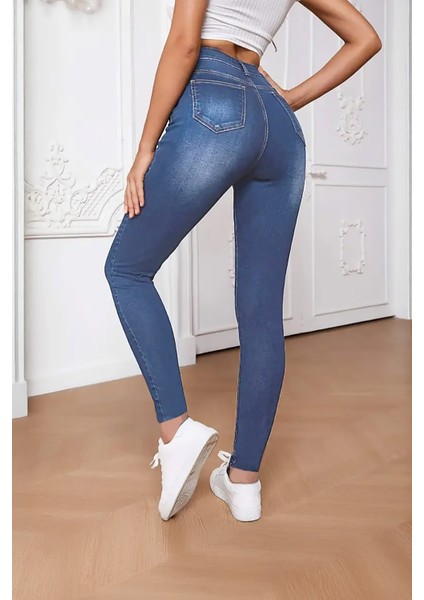 Kadın Hafif Likralı Skinny Fit Paça Detaylı Pantalon Mariella Mavi modelleri