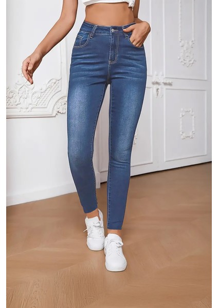 Kadın Hafif Likralı Skinny Fit Paça Detaylı Pantalon Mariella Mavi indirimleri