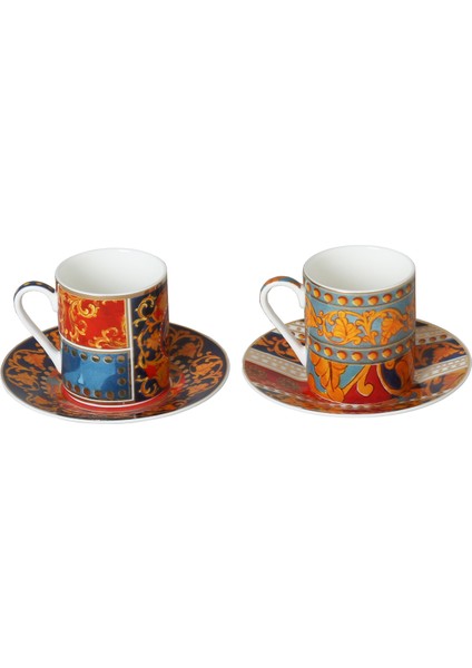 Lucky Art Florance Bone China Porselen Mavi Kırmızı Barok Desenli 2'Li Kahve Fincanı Seti