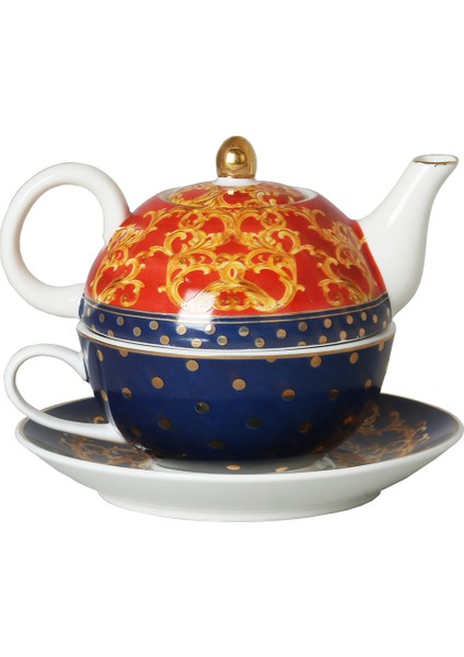 Lucky Art Clarissa Bone China Porselen Mavi Beyaz Naturel Barok Desenli Tek Kişilik Demlik&Fincan Seti