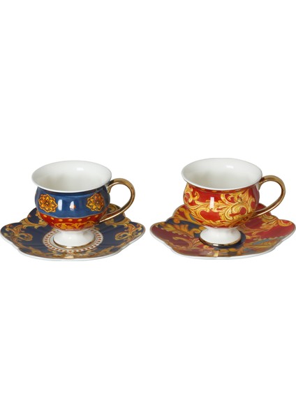 Lucky Art Florance Bone China Porselen Mavi Kırmızı Barok Desenli Ayaklı 4'Lü Çay Fincanı Seti