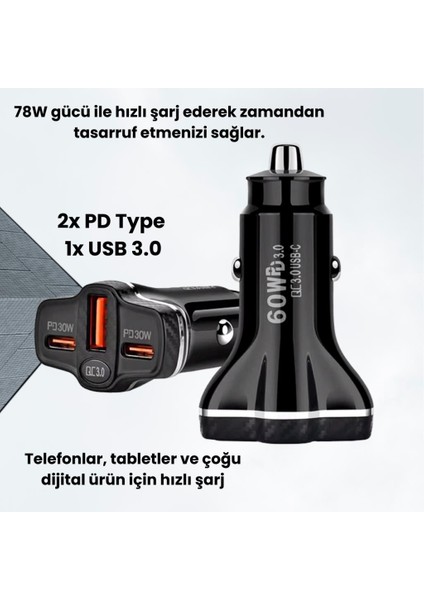 Şarj Akım Korumalı Pd 60W +Usb 78W Araç Çakmaklık Şarjı Araç Şarj Istasyonu Araç Şarj Başlık