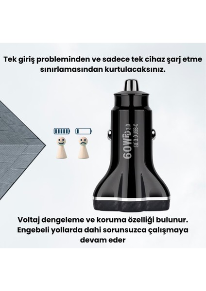 Şarj Akım Korumalı Pd 60W +Usb 78W Araç Çakmaklık Şarjı Araç Şarj Istasyonu Araç Şarj Başlık