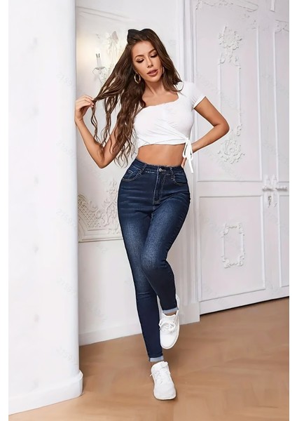 Kadın Hafif Likralı Skinny Fit Paça Detaylı Pantolon Viola Lacivert