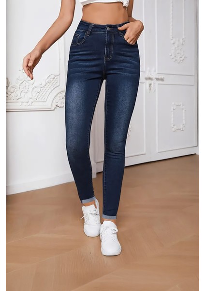 Kadın Hafif Likralı Skinny Fit Paça Detaylı Pantolon Viola Lacivert fiyatları