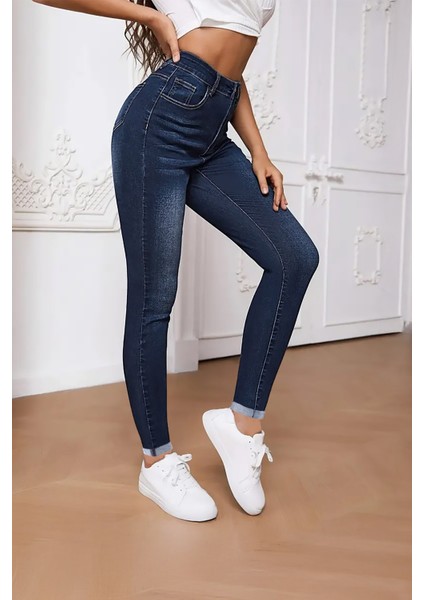 Kadın Hafif Likralı Skinny Fit Paça Detaylı Pantolon Viola Lacivert modelleri