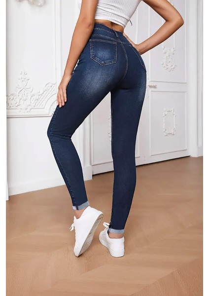 Kadın Hafif Likralı Skinny Fit Paça Detaylı Pantolon Viola Lacivert fırsatları