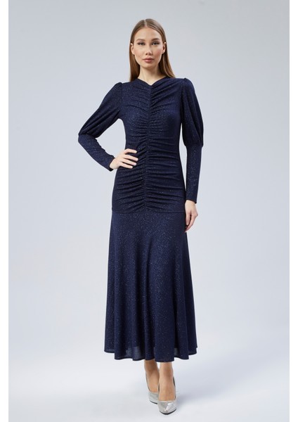 Ön Büzgü Detaylı Simli Abiye Elbise