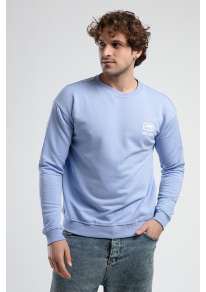 Eastsıde Mavi Bisiklet Yaka Nakışlı Loose Fit Erkek Sweatshirt