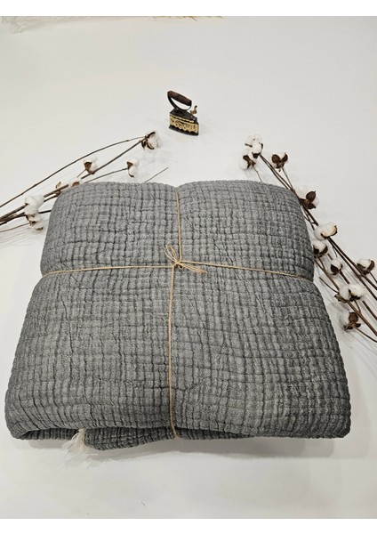 Antrasit Renk 7 Katlı Çift Taraflı Dolgulu Çift Kişilik Müslin Battaniye Pamuk 230 x 240 cm
