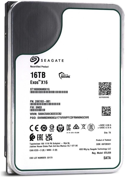 Exos X16, ST16000NM001G, 3.5&quot;, 16TB, 256MB, 7200 Rpm, 7/24 Enterprise, Data Center-Güvenlik-Nas-Server, HDD