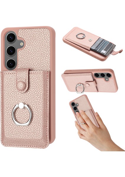 Samsung Galaxy S24 Kart Yuvaları Litchi Dokulu Deri Arka Kapak Halkalı Kickstand (Yurt Dışından)