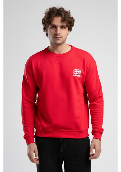 Eastsıde Kırmızı Bisiklet Yaka Nakışlı Loose Fit Erkek Sweatshirt