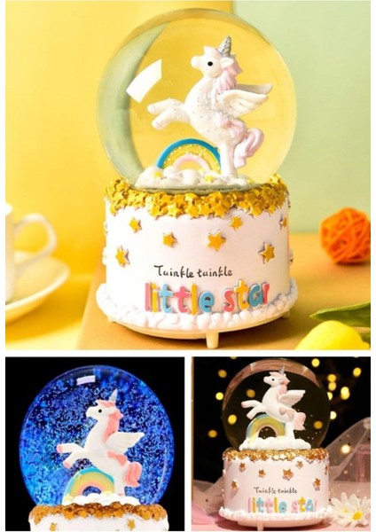 Işıklı Müzikli Unicorn Gökkuşağı Little Star Unicorn Kar Küresi Orta Boy Işıklı Müzikli 12 cm