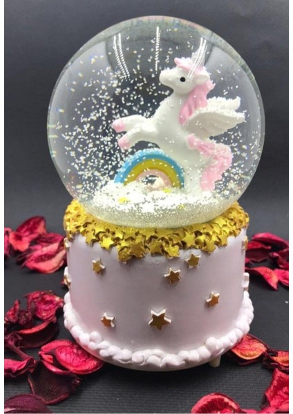 Işıklı Müzikli Unicorn Gökkuşağı Little Star Unicorn Kar Küresi Orta Boy Işıklı Müzikli 12 cm