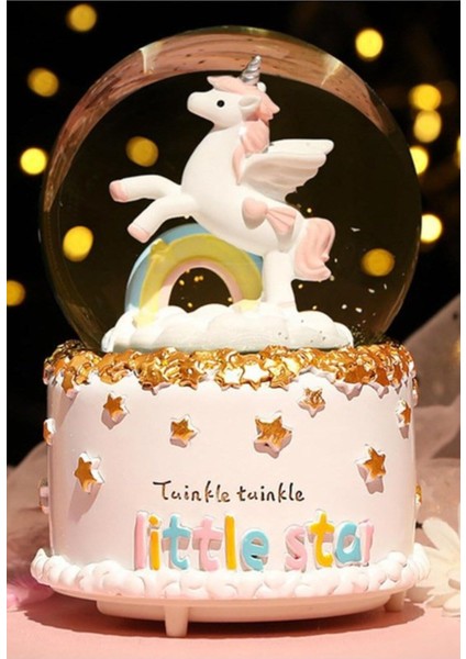 Işıklı Müzikli Unicorn Gökkuşağı Little Star Unicorn Kar Küresi Orta Boy Işıklı Müzikli 12 cm