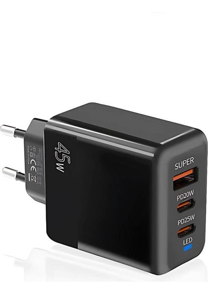 Şarj Akım Korumalı Qc3.0 Pd 45W Şarj Başlığı Hızlı Şarj Adaptörü 3 Çıkışlı 45W Şarj Cihazı