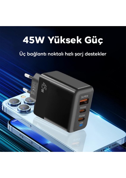 Şarj Akım Korumalı Qc3.0 Pd 45W Şarj Başlığı Hızlı Şarj Adaptörü 3 Çıkışlı 45W Şarj Cihazı
