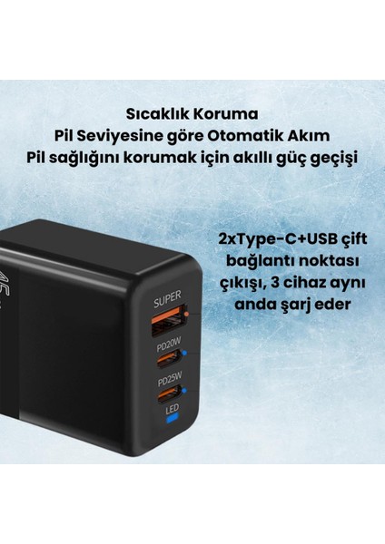 Şarj Akım Korumalı Qc3.0 Pd 45W Şarj Başlığı Hızlı Şarj Adaptörü 3 Çıkışlı 45W Şarj Cihazı