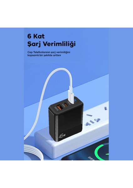 Şarj Akım Korumalı Qc3.0 Pd 45W Şarj Başlığı Hızlı Şarj Adaptörü 3 Çıkışlı 45W Şarj Cihazı