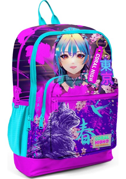 Mor Pembe Anime Kedi Desenli 3’lü Okul Çanta Seti