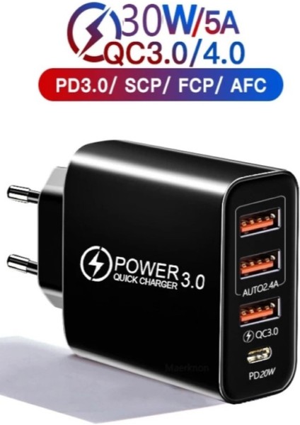 C6 Type-C + 3 USB Port Girişli Şarj Adaptörü -30W
