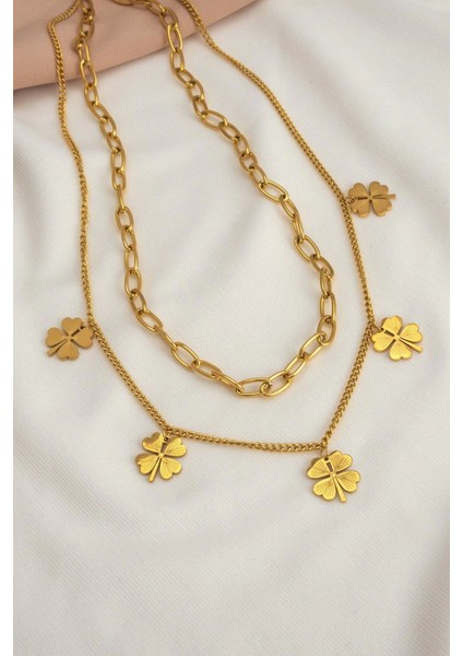 Beşli Yonca Çelik Gold Ikili Set Kolye