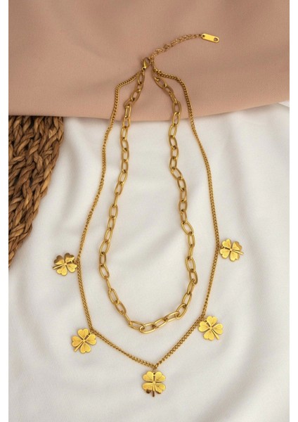 Beşli Yonca Çelik Gold Ikili Set Kolye