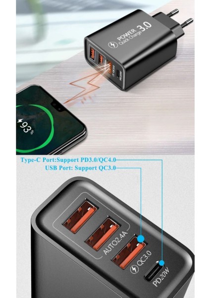 C6 Type-C + 3 USB Port Girişli Şarj Adaptörü -30W
