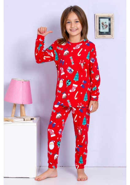 Kız Çocuk Yeni Yıl Yılbaşı Noel Temalı Kırmızı Pijama Takımı