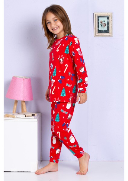 Kız Çocuk Yeni Yıl Yılbaşı Noel Temalı Kırmızı Pijama Takımı