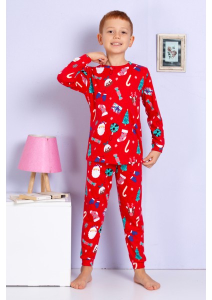 Elmas Kids Erkek Çocuk Yeni Yıl Yılbaşı Noel Temalı Kırmızı Pijama Takımı