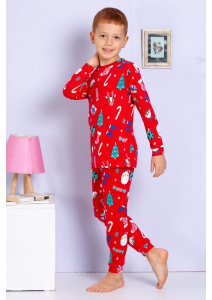 Elmas Kids Erkek Çocuk Yeni Yıl Yılbaşı Noel Temalı Kırmızı Pijama Takımı