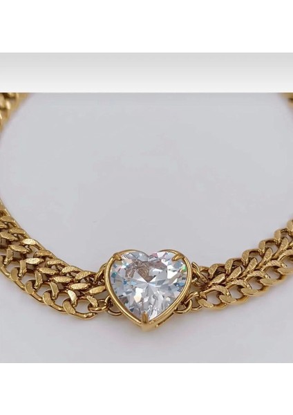 Çelik Gold Kalp Taşlı Çift Zincirli Bileklik fiyatları
