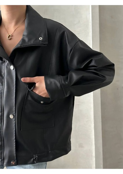 Oversize Suni Deri Kadın Fermuarlı Ceket-Siyah