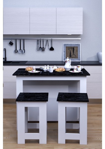 Tabureli 4 Kişilik Dikdörtgen Şık Mutfak Adası Mutfak Masası Yemek Masası